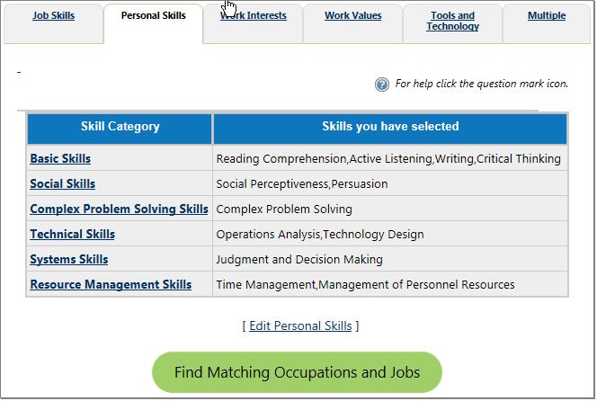 Personal Skills Tab When you click the Personal Skills tab, a table appears that contains a list of personal skills selected in the system. This function lets you review or edit these skills.