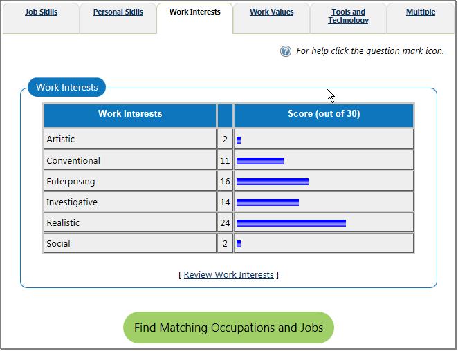 Work Interests Tab The Work Interest Analyzer is another career development tool for individuals. It finds occupations that match their interests rather than their job or personal skills.
