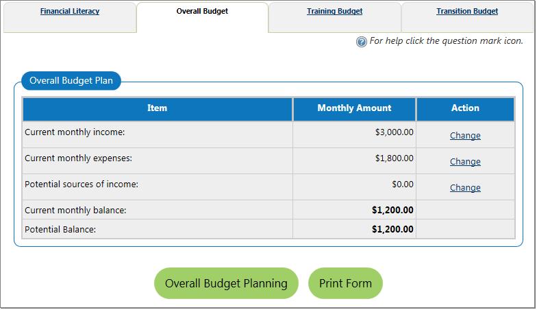 improving an individual s financial literacy. Overall Budget Enables staff to review an individual s overall monthly budget and explore potential sources of other income.
