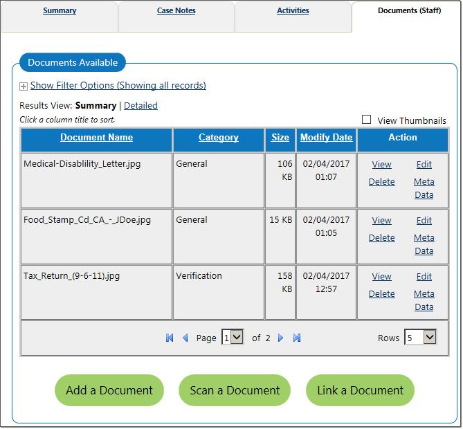 Documents Tab Activities Tab This tab lets staff manage the document files that have been added and saved for an individual.