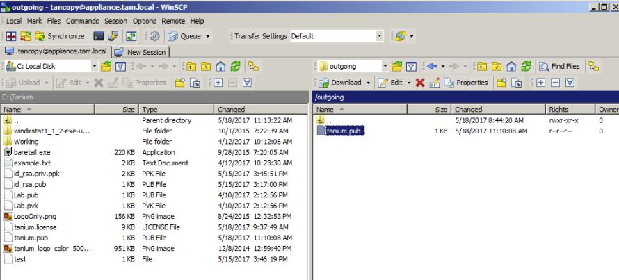 5. Use SFTP to copy the tanium.pub file from the /outgoing directory on the appliance to your management computer.