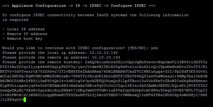 11. Enter 3 and follow the prompts to configure this side of the IPsec tunnel. Paste the IPsec host key for the second appliance. 12.