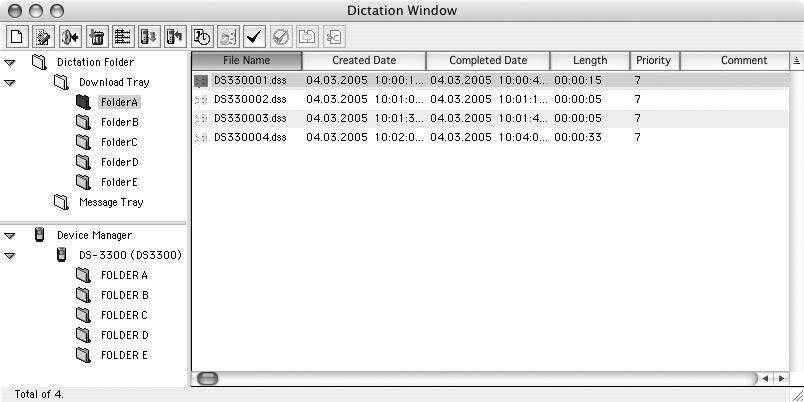 Dictation Tree View Displays the directory structure of the DSS, WAVE (Windows only) and AIFF (Macintosh only)-format