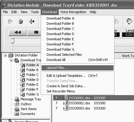 Upload Dictation Files to the Recorder 5 Upload Dictation Files to the Recorder DSS Player enables you to upload DSS dictation files from your PC to the recorder. Select Select the folder.