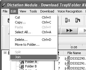 Joining Files Joining Files In DSS Player, designated multiple voice files can be joined and one voice file can
