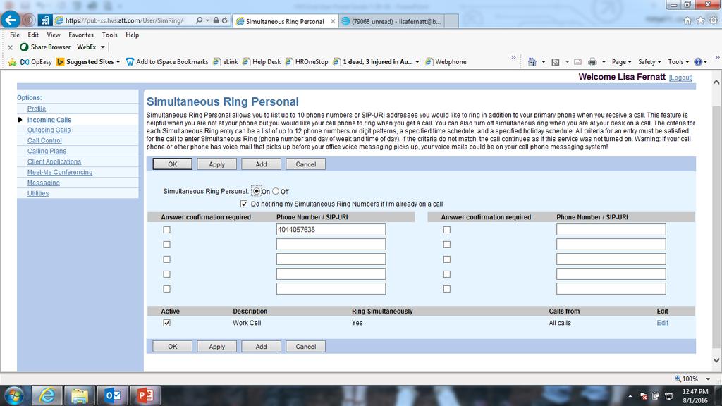Simultaneous Ring Personal - Add Enter the number(s) you want to ring Simultaneously when your desk phone rings, check the box beside Answer confirmation required if you want the system to prompt