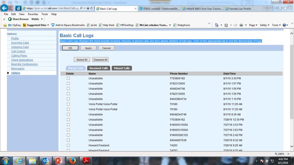 Basic Call Logs Basic Call Logs displays the most recently placed, received, or missed calls and also allows deletion of call logs.