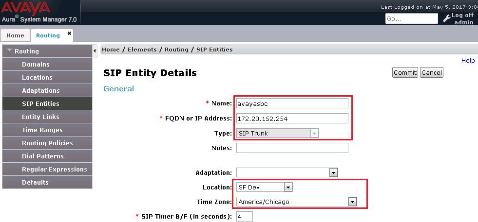 The following screen shows the addition of the Avaya SBCE SIP Entity for the Avaya SBCE: The FQDN or IP Address