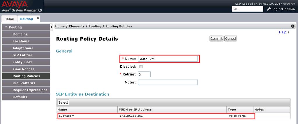 6.5. Routing Policies Routing policies describe the conditions under which calls will be routed to the SIP Entities specified in Section 6.3.