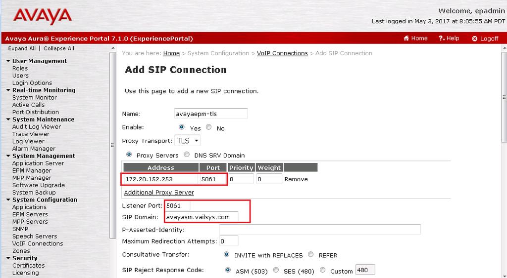 5.1. Administer VoIP Connection On the left pane, click on the VoIP Connections under System Configuration (not shown).