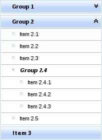Chapter 13. Menus and toolbars <rich:panelmenuitem label="item 2.3"/> <rich:panelmenugroup label="group 2.4"> <rich:panelmenuitem label="item 2.4.1"/> <rich:panelmenuitem label="item 2.4.2"/> <rich:panelmenuitem label="item 2.