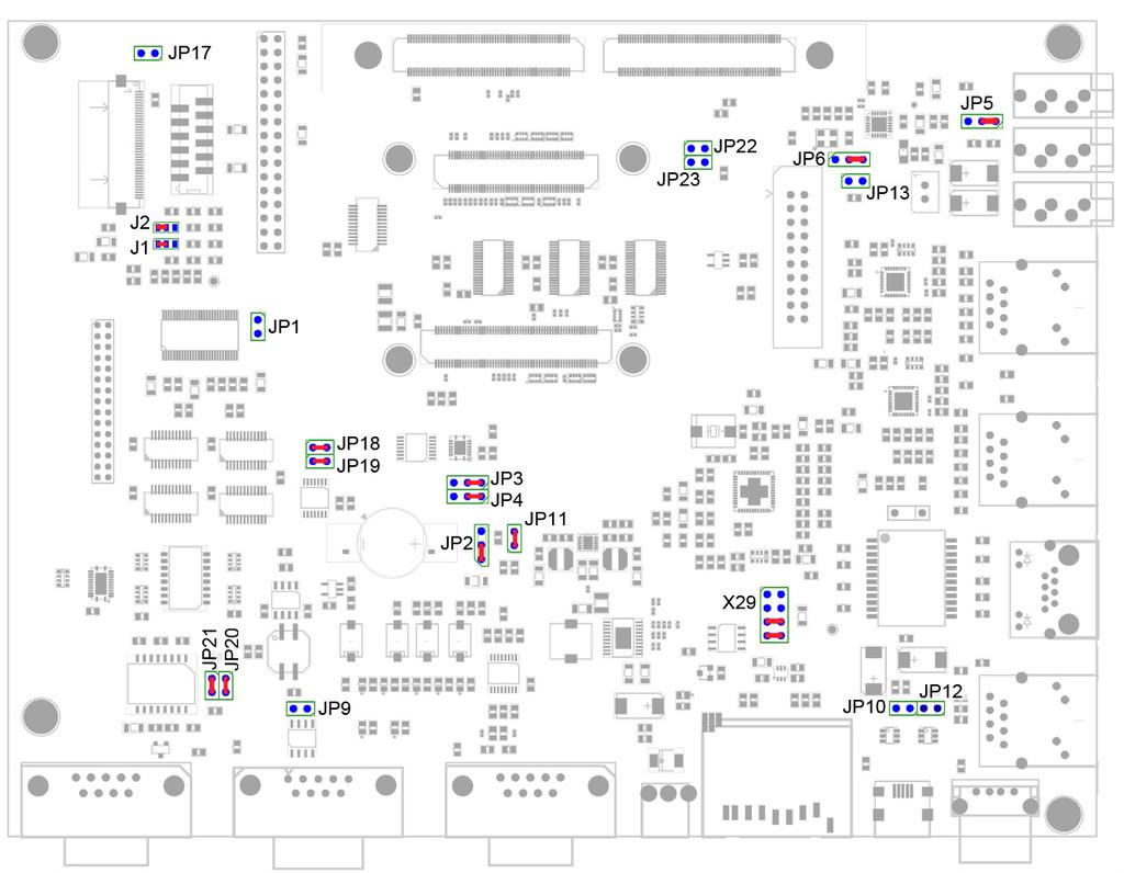 Part II: PCM-953 / phycore-am335x Carrier Board phycore-am335x Figure 15: Carrier Board Jumper Locations Figure 16 depicts the jumper pad numbering scheme for reference when altering jumper