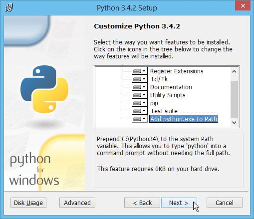 ...cont d 4 Click the Next button to proceed then be sure to select the feature to Add python.exe to Path Adding Python to the system Path makes it available from within any directory.