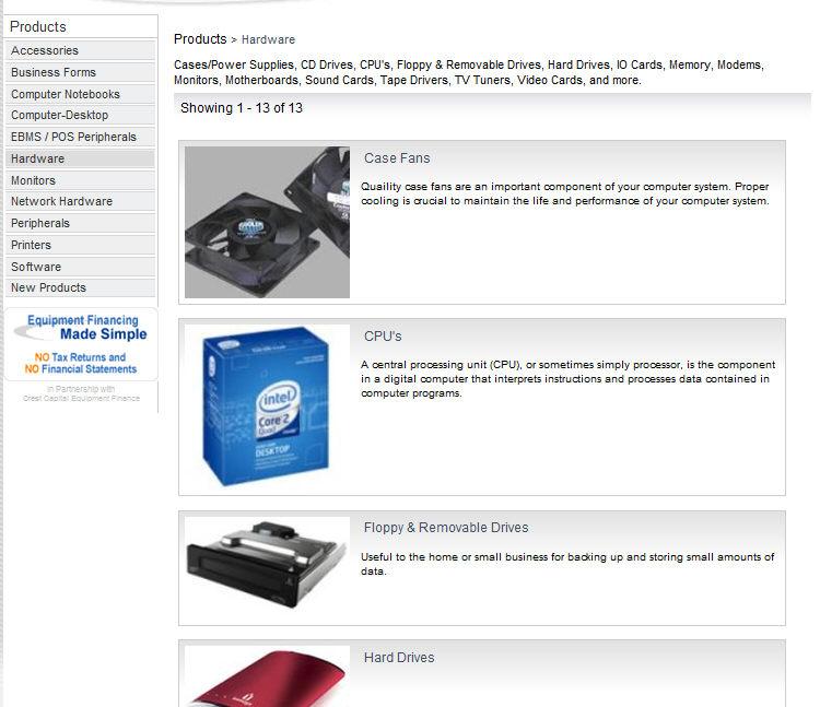 Creating Website Content 1. The sub-folder's or product's Thumbnails are displayed in a list format with the short description shown to the right of the image.