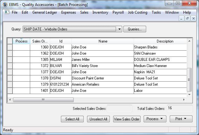 Processing Orders Select the web sale query