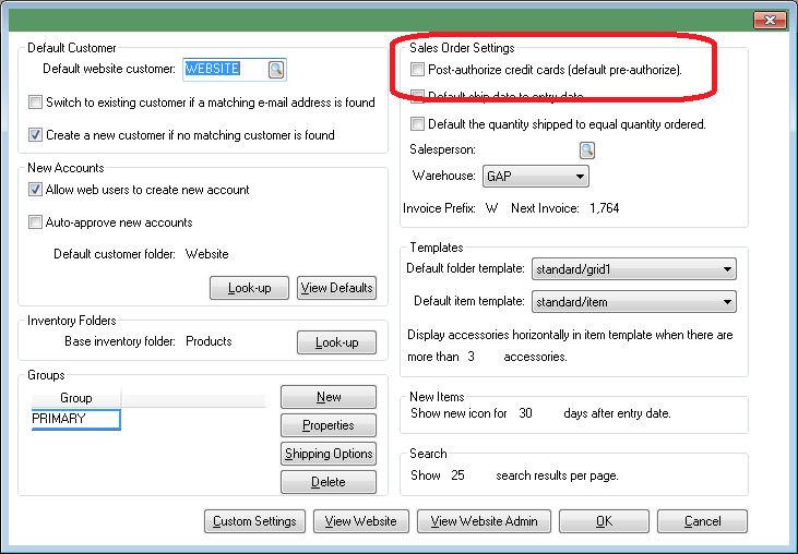 Printed Documentation Select Sales > Web > website URL from the main EBMS menu to open the following dialog: Enable the Charge Card Immediately (otherwise only pre-authorize) option only to charge