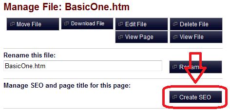 Printed Documentation To set up SEO for a content page, select the Create SEO button in the Manage File section of the page.