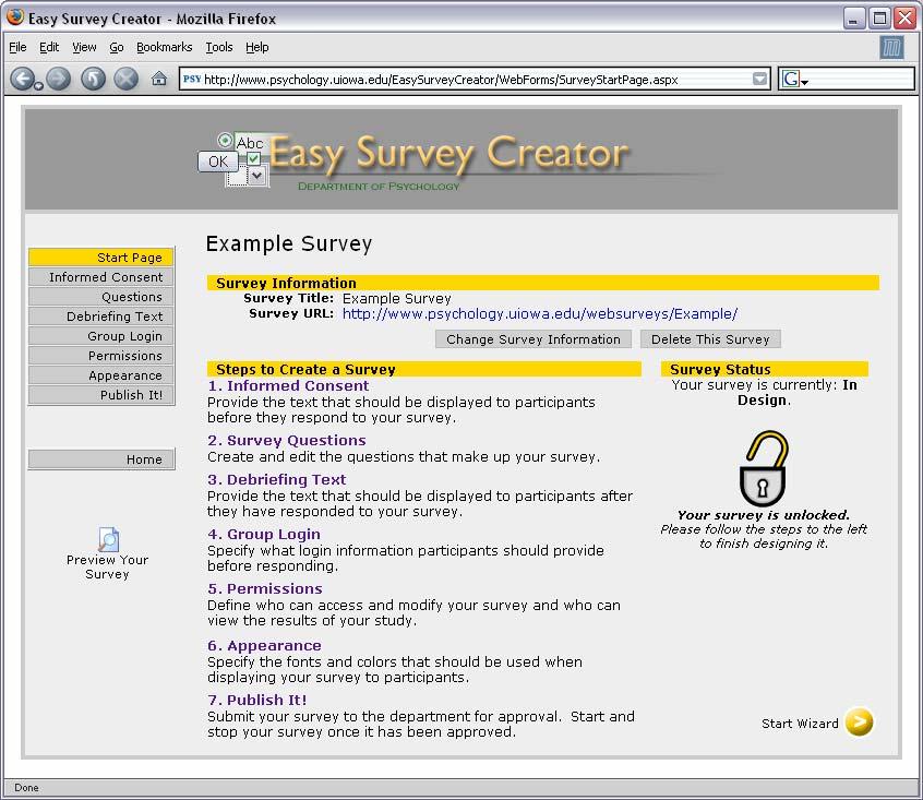 Creating a New Survey To create a new survey, click on the Create a New Survey link on the main page, shown above.