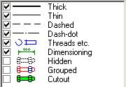 Line types Line types can be selected and deselected. Thread and the Dimensioning are highlighted in color.
