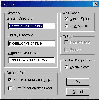 This selection brings up the Setting dialogue box, which consists. Setting Figure of the Directory, CPU Speed, and other options depending on the programmer.