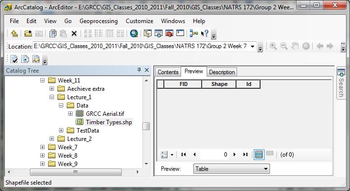 Click Timber Types shapefile (Timber Types.shp) in ArcCatalog and activate Preview tab; you will not see any feature in the view because it is a new shapefile and no data were added to it yet.