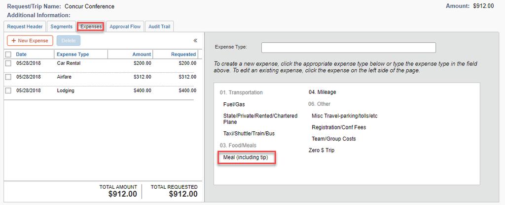 The running total appears in the top right corner of the request To enter a new expense,