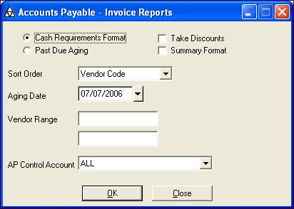 7 ACCOUNTS PAYABLE REPORTS Running Invoice Reports Running Invoice Reports To run an invoice report, you must first set up the column days for cash requirements and past due aging on the General tab
