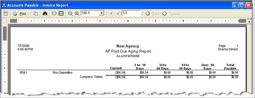 You will see the AP Past Due Aging Report print preview. Standard format Summary format 5.