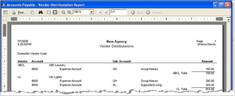 7 ACCOUNTS PAYABLE REPORTS Running Vendor Distribution Reports You will see the Vendor Distributions Report print preview. 4.