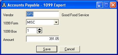 8 UTILITIES Exporting 1099s To: Then: Modify a 1099 entry 1. Highlight the entry you want to modify. 2. Click Edit. You will see: 3. Modify the fields, as needed, and click Save.