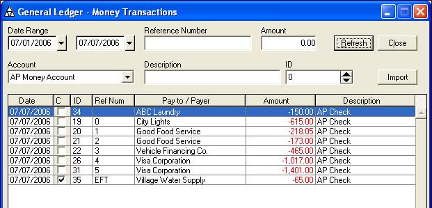 1. On the Module menu, point to General Ledger and click Money Transactions to look up the transaction IDs of the transaction(s) you want to roll back. 2.