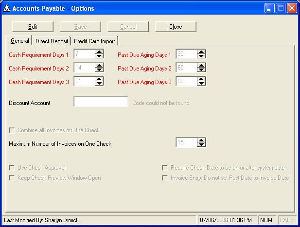 9 MODULE SETUP Setting Up Options Setting Up Options The Options dialog box lets you setup the default days for your invoice reports, set up your direct deposit information and set up for credit card
