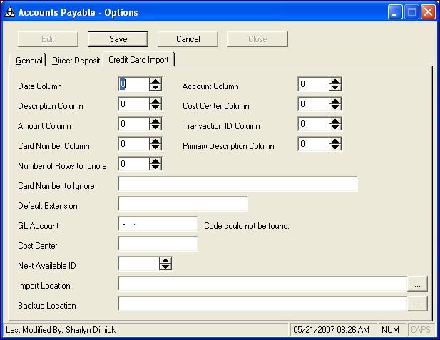 9 MODULE SETUP Setting Up Options 6. Click on the Credit Card Import tab. 7. Enter or select the following information about your credit card vendor s import file.