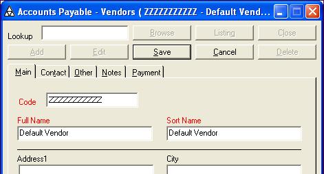 2 VENDORS Adding Vendors 2. Click Add from the Vendors dialog box. 3. Enter 12 Z s (ZZZZZZZZZZZZ) in the Code box. 4. Enter Default Vendor in both the Full Name and Sort Name boxes. 5.