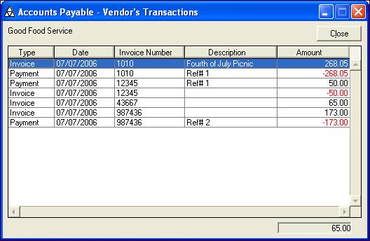 2 VENDORS Modifying Vendors You will see the Vendor s Transactions dialog box. Total amount owed to the vendor To view the transaction details, see Viewing Invoices on page 52. 8.