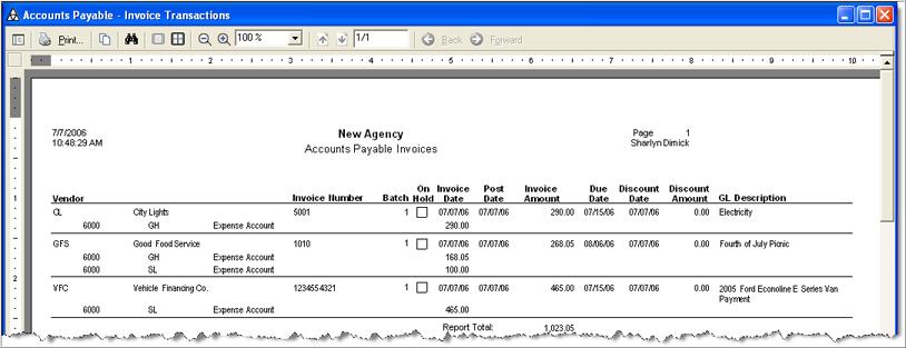 3 INVOICES Creating an Invoices Listing You will see the Invoice Transactions Listing print preview: 4.