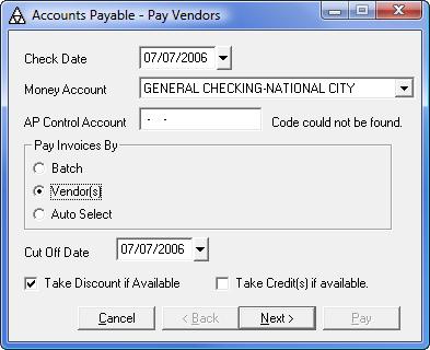 4 PAY VENDORS Selecting Invoices By Vendor Selecting Invoices By Vendor To select invoices by vendor: 1. On the Module menu, point to Accounts Payable and click Pay Vendors.