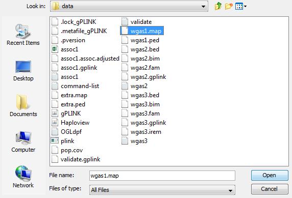 Step 9E: Configuring Haploview Navigate to the data directory containing wgas1.
