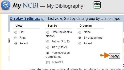 Use the Add award hyperlink next to the appropriate citation to link the grant. The My awards section (see Assign Awards window above) provides a list of awards associated to your personal profile.