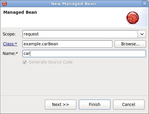 Add Existing Java Beans to a JSF Configuration File Figure 6.8. New Managed Bean Form Once the class is set, its Name will be set as well. But you can easily substitute it for the other one.