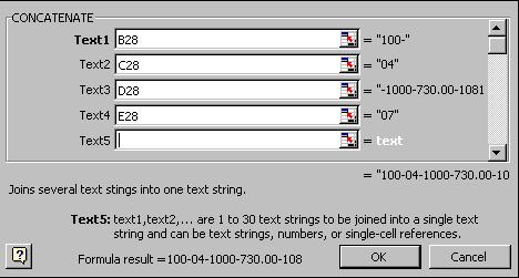 CONCATENATE The Concatenate function joins text together from different cells. In this example, it joins several text strings to form the account number 100-04-1000-730.00-1081-07.