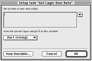 TASK SETUP DIALOGS Get Layer User Data Task This task allows you get the user data for the current layer. You use the Set Layer User data task to create user data.