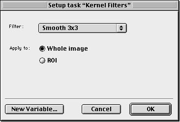 OPENLAB Kernel Filter Task This task allows you to apply a kernel filter to the current layer or an ROI on the layer. Use the Setup dialog to: Select the required Filter.