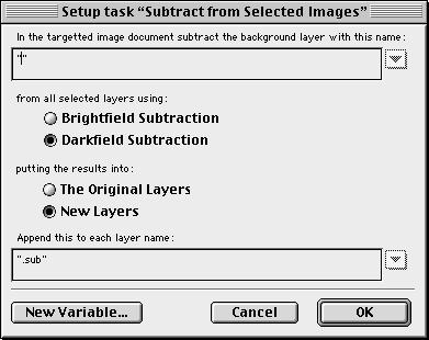 OPENLAB Subtract from Selected Images Task This task allows you to apply background subtraction to the layers that are currently selected in the target document.