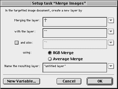 TASK SETUP DIALOGS Merge Images Task This task allows you to specify a layer for merging during the automation. It creates a new, merged layer.
