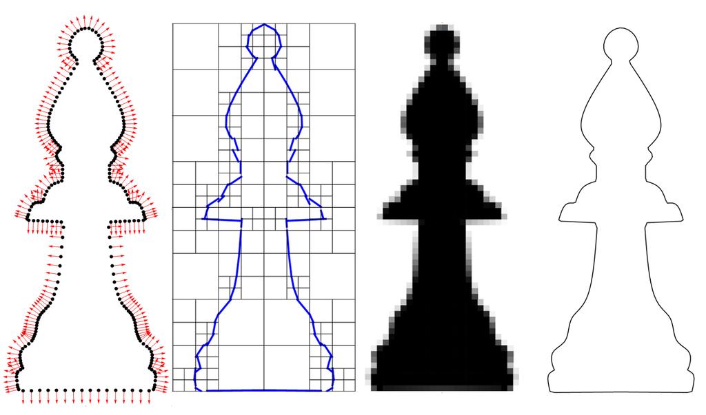 Figure 1: Reconstruction pipeline for the Bishop model from left to right: oriented point cloud generated from surface samples, tree data structure whose nodes contain planes, implicit function