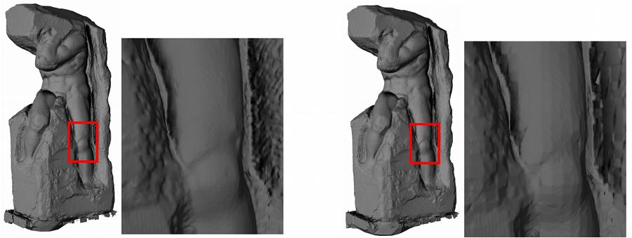Figure 12: A compressed model of Atlas generated using our method at 291KB (left) and Park and Lee at 332KB (right). Figure 13: African Statue progressively decoded. 133,694 polygons in final mesh.