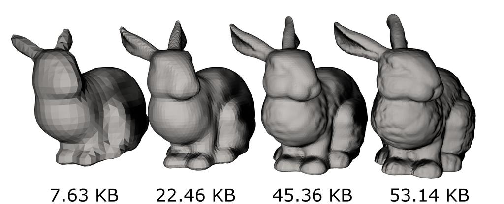 Figure 14: Bunny progressively decoded. 247,064 polygons in final mesh. Figure 15: Awakening Statue progressively decoded. 2,283,540 polygons in final mesh.