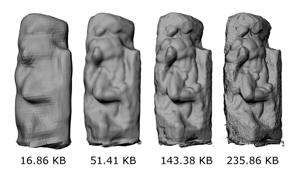 Figures 13, 14, 15, and 16, depict examples of decoded surfaces with the size of the data transmitted up to that point as well as the final surface generated from the fully transmitted data stream (