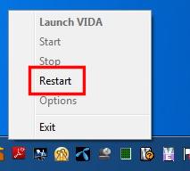 It will then be possible to perform an attempt to restart VIDA by right clicking the VIDA Monitor icon and select Restart. Fig.